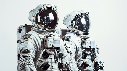 Hyper-realistic image of astronauts isolated on a white  detailed space suits with intricate textures and designs  and modern space 