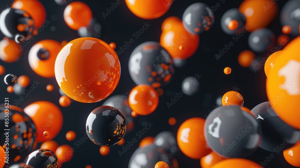 Poster floating orange and black bubbles on a dark background. abstract digital art of orange bubble or sph