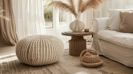 A beige sofa with a knitted blanket and a soft pillow in a cozy home interior of a modern living room. There is a lamp on a small table near the sofa, and a potted plant near the window.