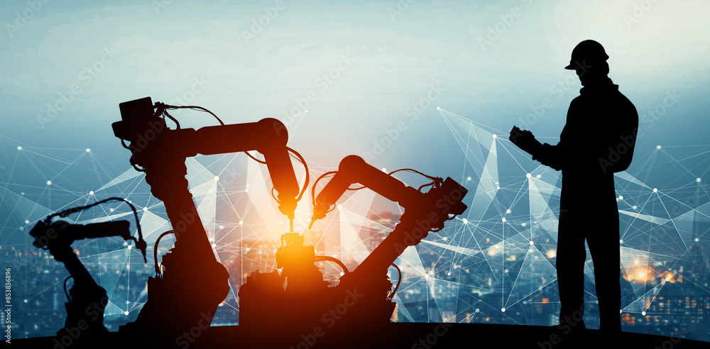 Poster mlp mechanized industry of future factory double exposure image. concept of robotics technology for 