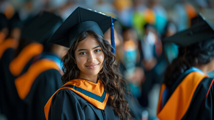 Young woman smiling at graduation ceremony in cap and gown.