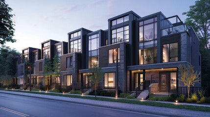 Stylish modular private black townhouses. Residential architecture exteriors.