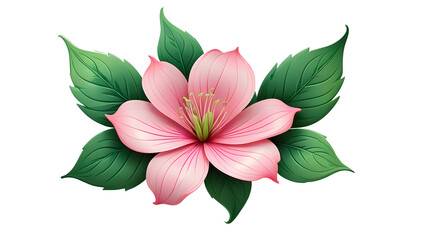 PNG illustration of a chic pink flower with green leaves on a transparent background.