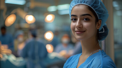 A photo of an attractive young Indian nurse in blue scrubs