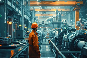 Fototapeta premium Worker in orange uniform standing in factory with machinery