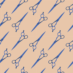 Fototapeta premium Haircutting scissors seamless pattern. Blue scissors on a beige background. Vector pattern for your business.