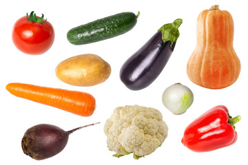 Group of vegetables - eggplant, pumpkin, tomato on a white, isolated background as an element for...