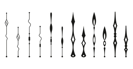 Clock pointer arrows. Black silhouette chronometer elements. Clock arms set. Watch hands, isolated time pointers. Vector cartoon illustration