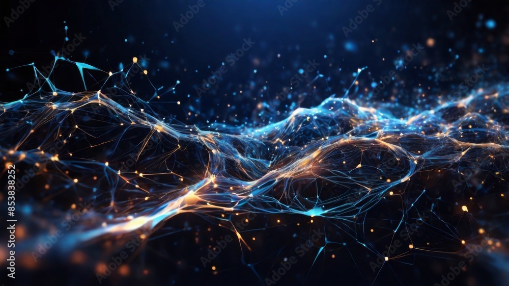 Poster abstract background featuring clusters of glowing particles representing data packets moving through a network