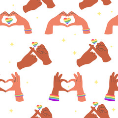 LGBT seamless pattern African American hands with heart and flag.