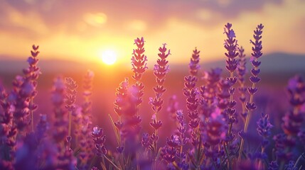 Fototapeta premium Sunset over field of lavender flowers