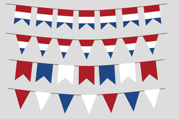 Netherlands flag set bunting vector. Flag heart triangle shape elements isolated on white background.