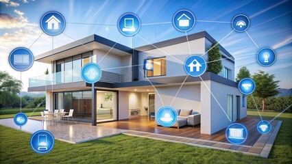 Obraz premium Futuristic generic smart home with solar panels on roof system for renewable energy concept as wide banner with copyright area. Smart home IoT