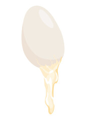 Cracked egg. Baking or cooking ingredient. Eggshell and protein. Healthy organic food. Diet with raw and broken product. Vector cartoon food