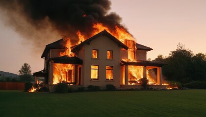 A miniature model of a detached house. fire. burning house.