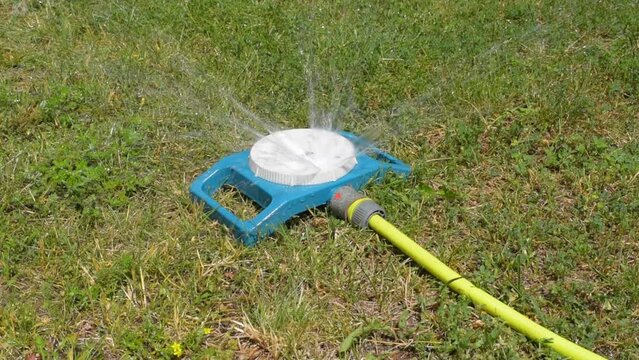 Automatic Lawn Sprinkler in Bright Sunlight. Automatic Lawn Watering on a Hot Sunny Summer Day