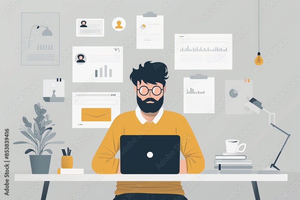 Poster modern social media manager working at desk with digital devices in minimalist setting