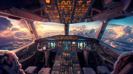 Hyper-realistic view of a flight deck of a modern passenger jet aircraft pilots at work intricate details of cockpit controls cloudy sky and beautiful sunset visible through the windows 