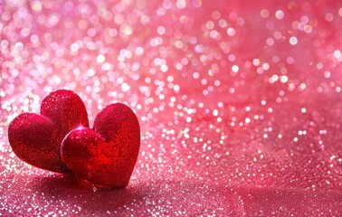 Fototapeta premium Valentine's Day background with two red hearts on a pink glitter background, copy space concept for a love message or romantic message
