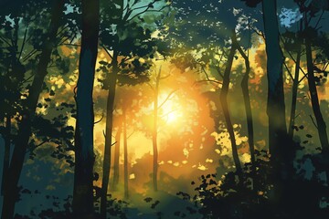 Obraz premium Digital illustration capturing a serene sunrise over a dense forest with sunbeams filtering through the morning mist and trees