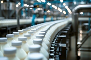 Obraz premium Milk bottles on a moving belt