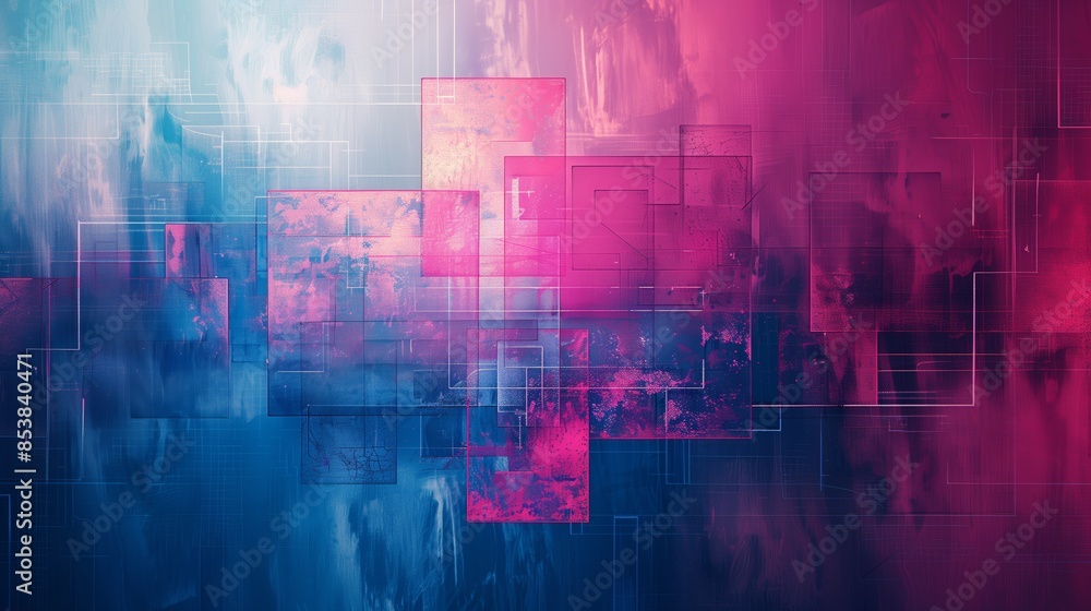 Poster digital glitch abstract background with blue and pink colors, with squares of different sizes, creat