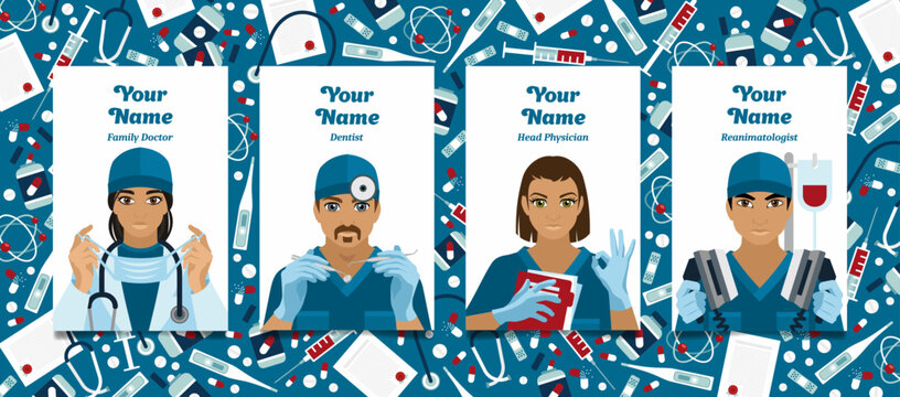 A set of specialist doctors of various profiles. Family doctor, dentist, chief physician and intensive care specialist. Vector illustration of hospital medical staff for your business