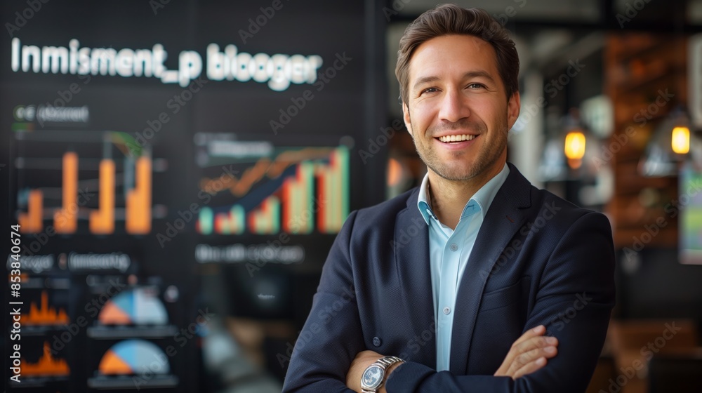 Poster portrait of handsome business man in suit standing with arms crossed and smiling at camera, office b