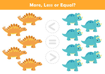 Comparison Worksheet with Cute Cartoon Dino for Kids. Counting Games for Preschoolers. More or Less Worksheet for Kindergarten.