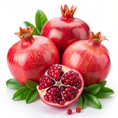  ripe sweet fruits of pomegranate and pomegranate sliceson white background 