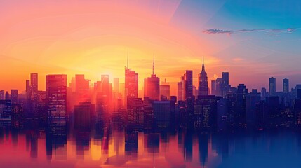 Fototapeta premium Majestic cityscape at sunset with warm hues reflecting off skyscrapers, creating a vibrant urban scene
