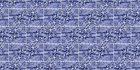 Indigo blue Japanese block print effect bordur. Seamless hand made vector design for fabric batik ribbon and faded fashion repeat banner. 