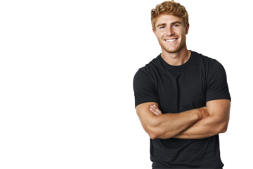 Man with a confident smile full body die cut PNG style isolated on white and transparent background