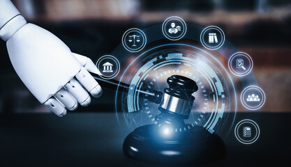 AI ethics related law concept shown by AI robot hand using lawyer working tools in lawyers office...