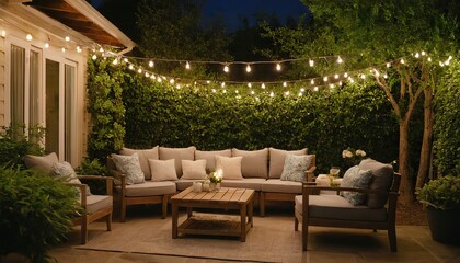 A relaxing outdoor patio with comfortable seating, string lights, and a fire pit area,