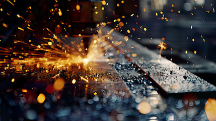 Hyper-realistic view of CNC gas cutting a blue steel metal sheet intricate details of the cutting process and flying sparks   modern