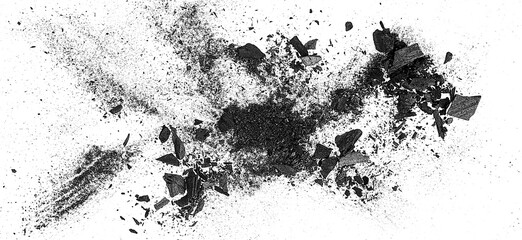 Black charcoal dust with fragments isolated on a white background, view from above.