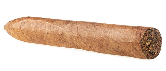 Handcrafted brown cigar made with real tobacco leaves isolated on a white background.