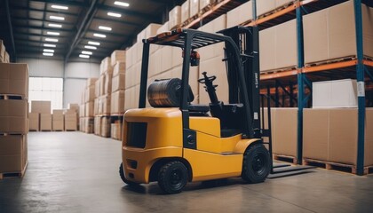 Yellow warehouse forklift among stacked boxes, representing effective logistics, material handling, and warehouse organization