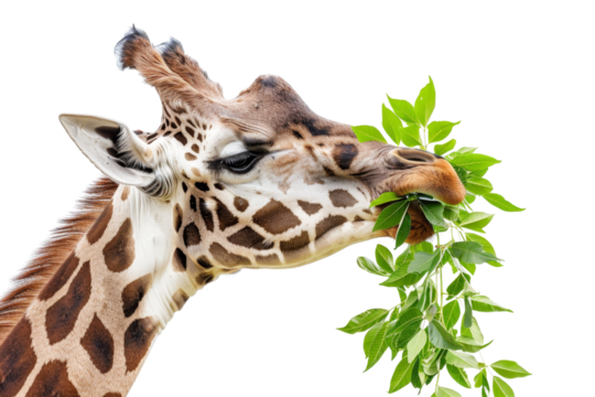 A close-up of a giraffe eating fresh green leaves, showcasing its long neck and distinctive patterns against a transparent background.