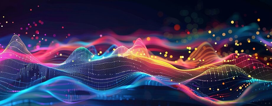Fondo digital abstracto con ondas sonoras coloridas y puntos de datos brillantes sobre un fondo azul oscuro