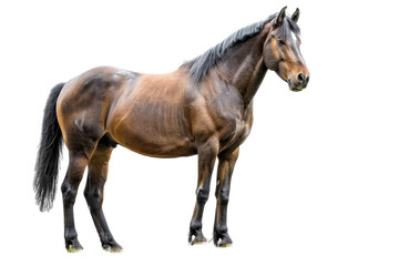 A majestic brown horse standing tall and proud, showcasing its strong muscular build and beautiful sleek coat on a transparent background.