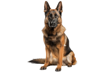 A majestic German Shepherd dog sits attentively against a transparent background. showcasing its strong and loyal demeanor.