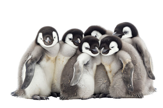 A group of adorable baby penguins huddling together, showcasing their fluffy feathers and cute faces against a transparent background.