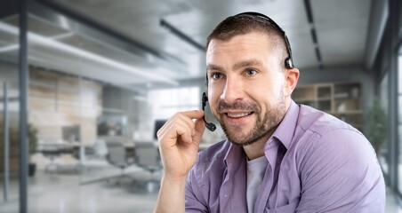 Smiling happy call center worker wearing headset