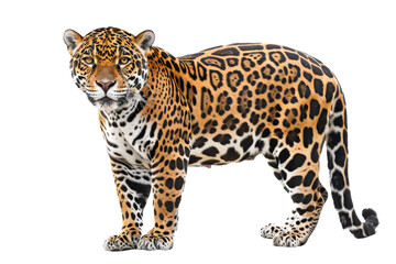Fototapeta premium A striking jaguar with a powerful stance showcasing its beautifully patterned fur, standing proudly against a plain background.