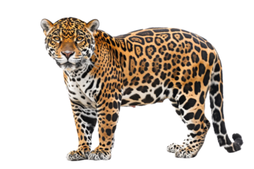 A striking jaguar with a powerful stance showcasing its beautifully patterned fur, standing proudly against a plain background.