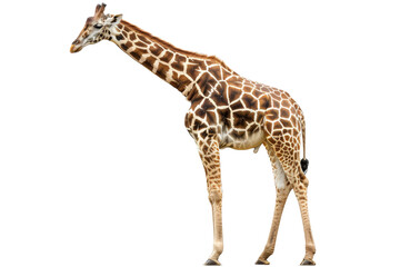 Fototapeta premium A tall giraffe with a detailed pattern on its body stands isolated on a transparent background. showcasing the beauty of wildlife and nature.