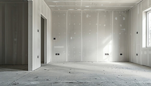Plasterboard walls in a new house under construction.