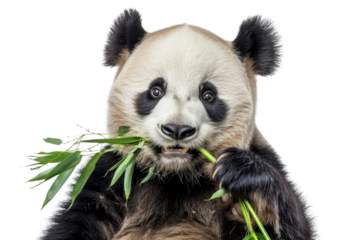 Adorable giant panda eating bamboo, showcasing its cute and playful nature. Perfect for wildlife and nature-themed projects.
